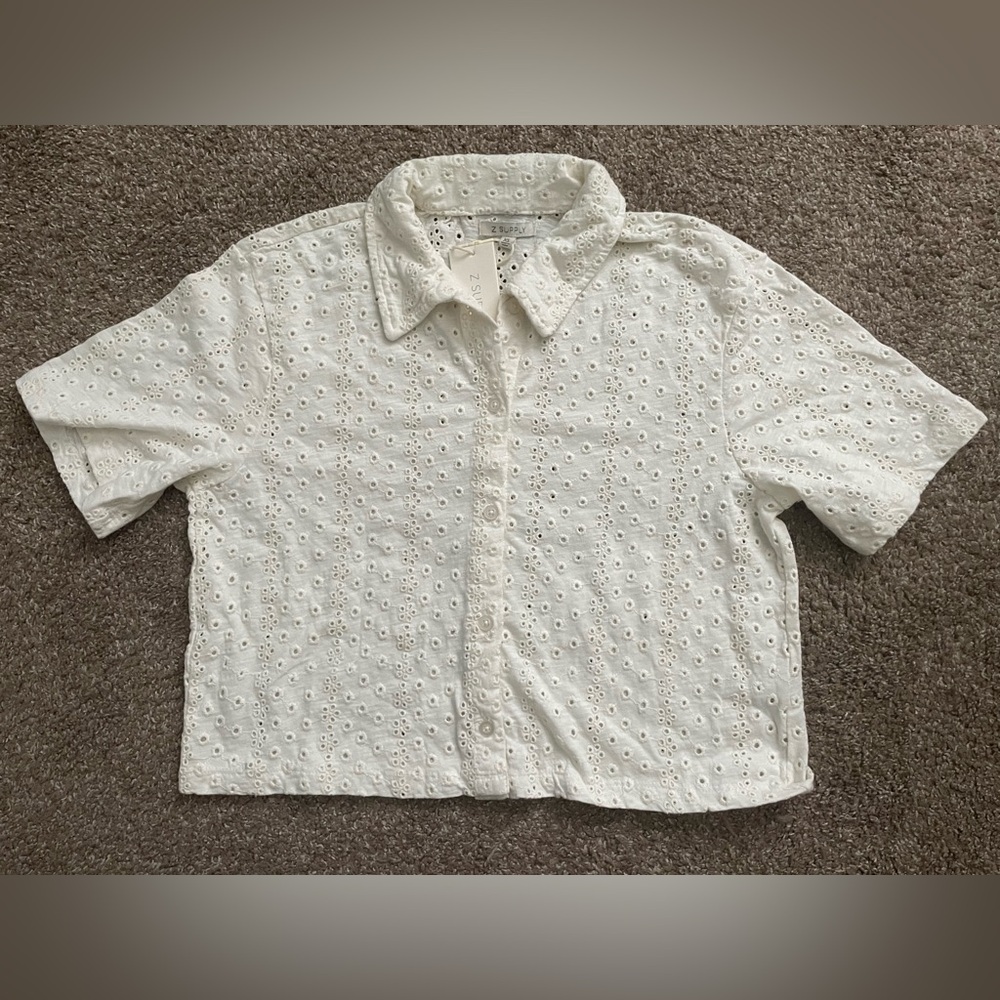 NWT Z Supply Cropped White Madrid Knit Eyelet Button-Up XS